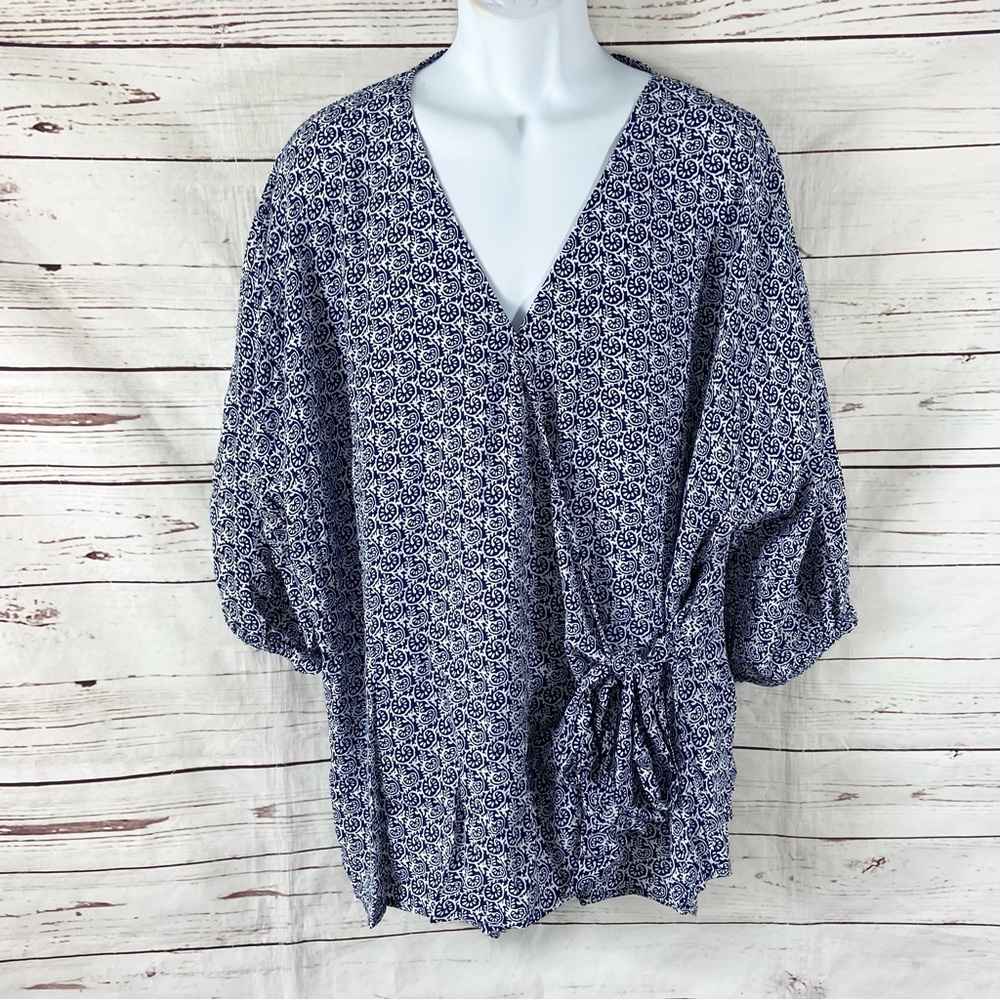 Talbots Top‎ Women’s 3X Blue Wrap Floral 3/4 Sleeve  Balloon Tie Waist